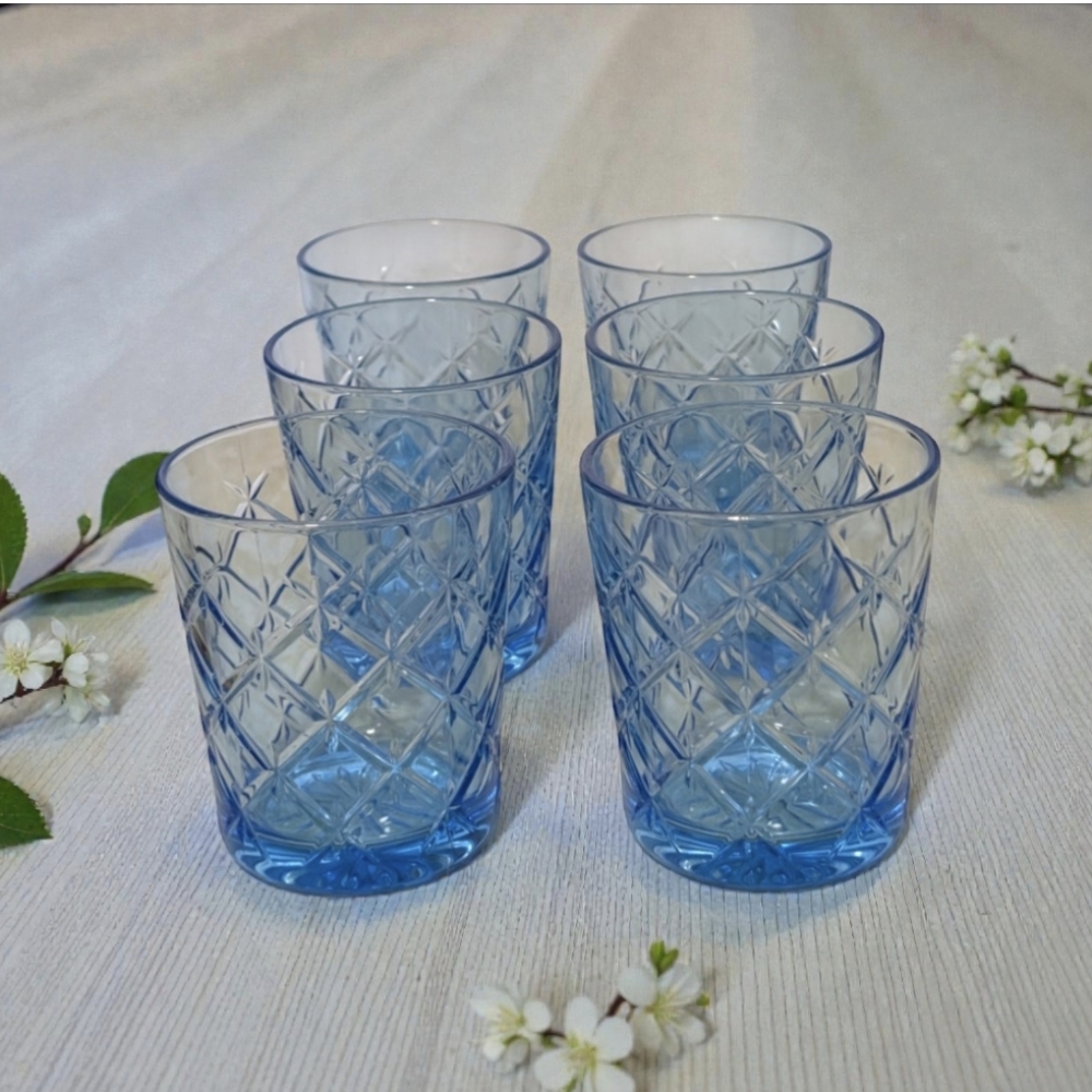 RARE! Set of 6 IKEA Flimra Blue Lowball Drinking Glasses - Discontinued Diamond